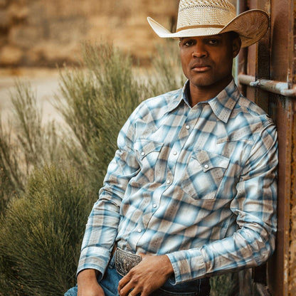 Men Western Shirts Stetson Sand Plaid Dobby Western Shirt Brown