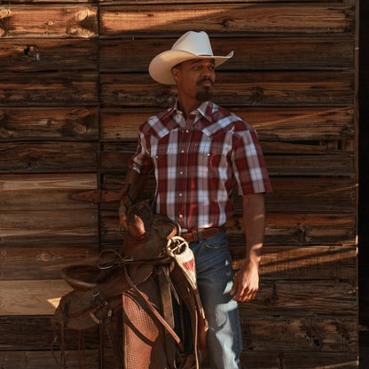 Men Western Shirts Stetson Shadow Plaid Short Sleeve Western Shirt Wine