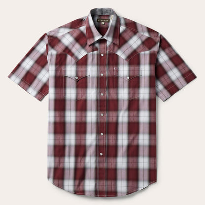Men Western Shirts Stetson Shadow Plaid Short Sleeve Western Shirt Wine