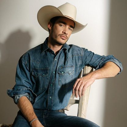 Men Western Shirts Stetson Turquoise Snap Western Denim Shirt Blue