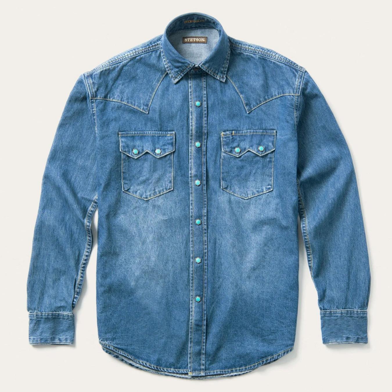 Men Western Shirts Stetson Turquoise Snap Western Denim Shirt Blue