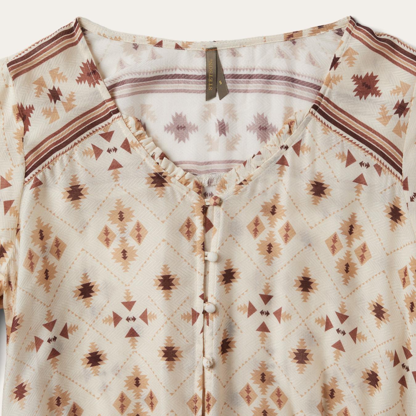 Women Blouses Stetson Gaucho Print Herringbone Blouse White