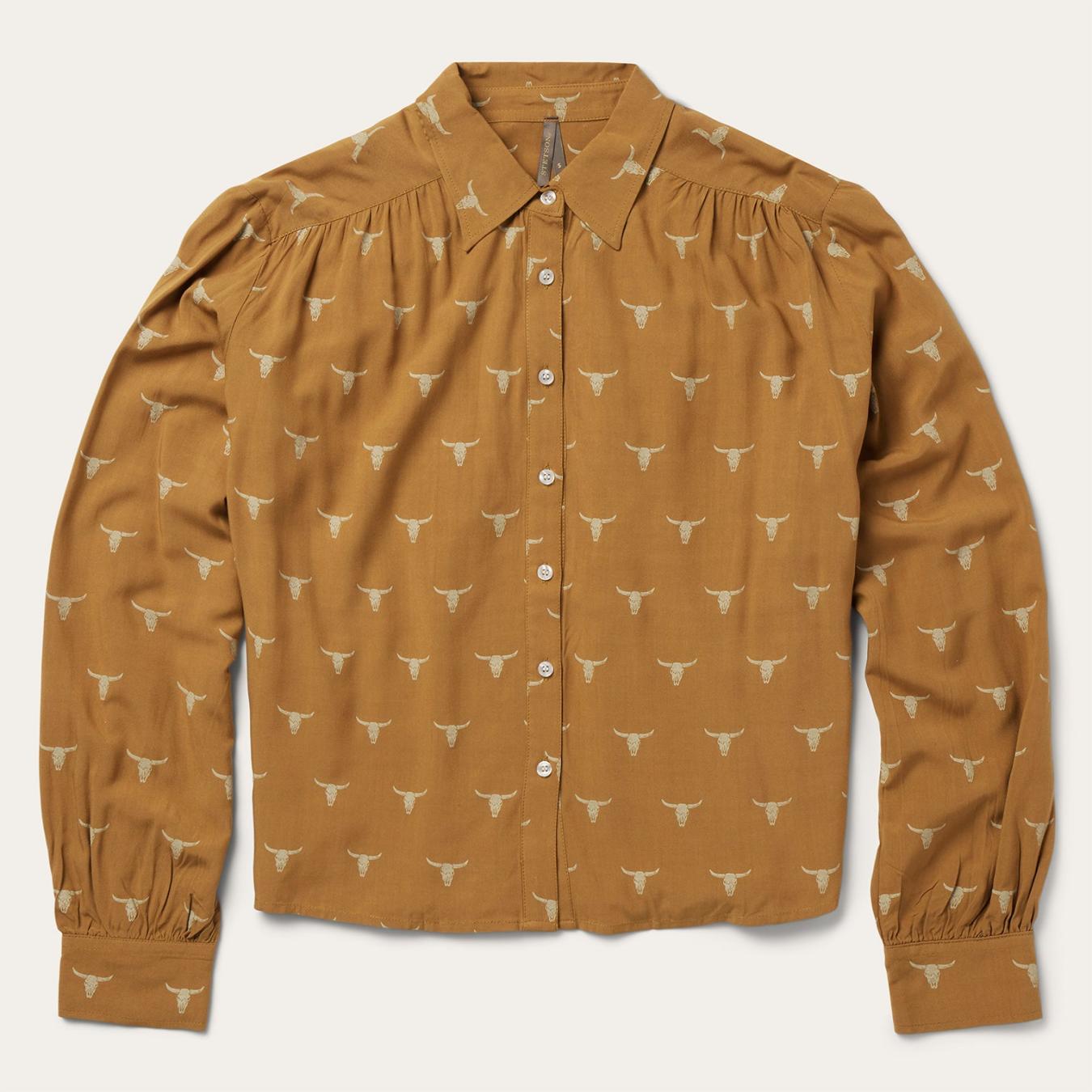 Women Blouses Stetson Mojave Longhorn Print Poet Blouse Brown