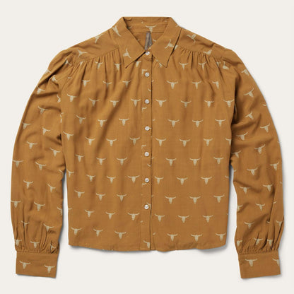 Women Blouses Stetson Mojave Longhorn Print Poet Blouse Brown