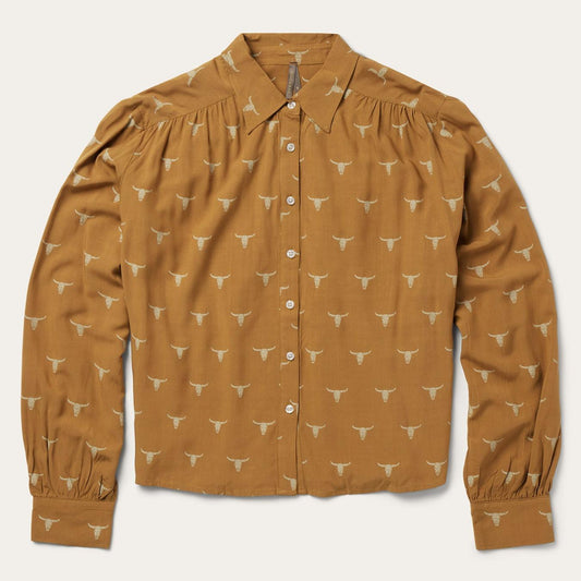 Women Blouses Stetson Mojave Longhorn Print Poet Blouse Brown