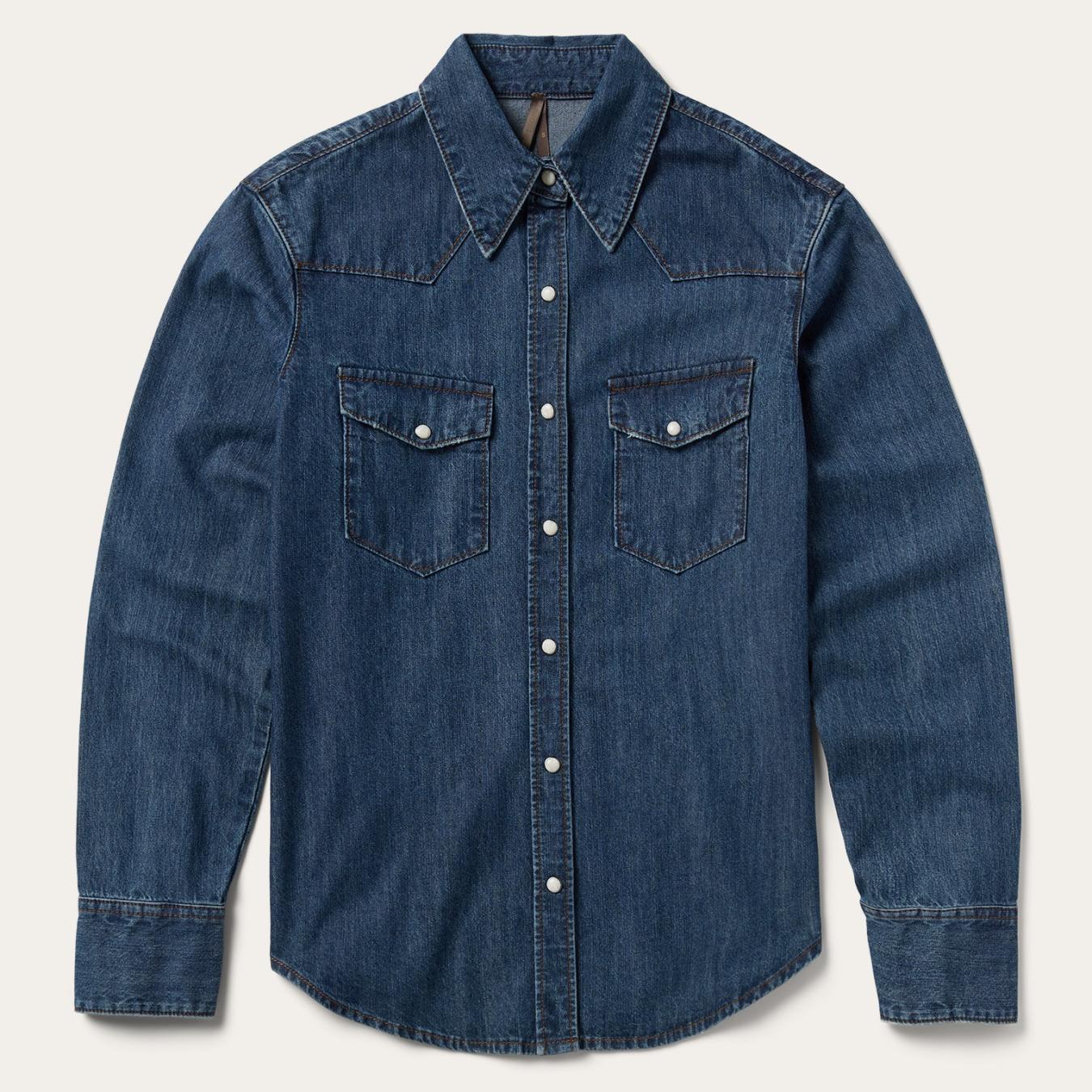 Women Denim Shirts Stetson Dark Denim Snap Western Shirt Blue