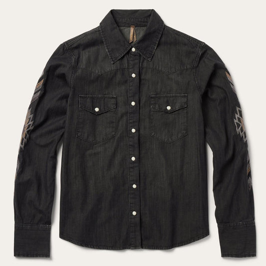 Women Denim Shirts Stetson Embroidered Black Denim Shirt Black