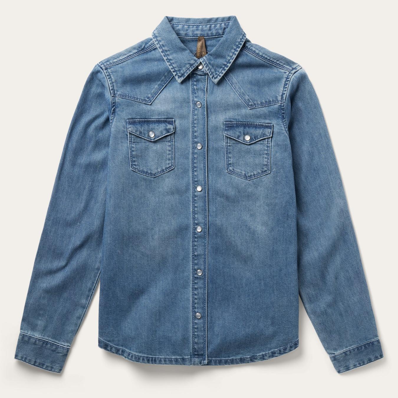 Women Denim Shirts Stetson Embroidered Boyfriend Fit Denim Shirt Blue