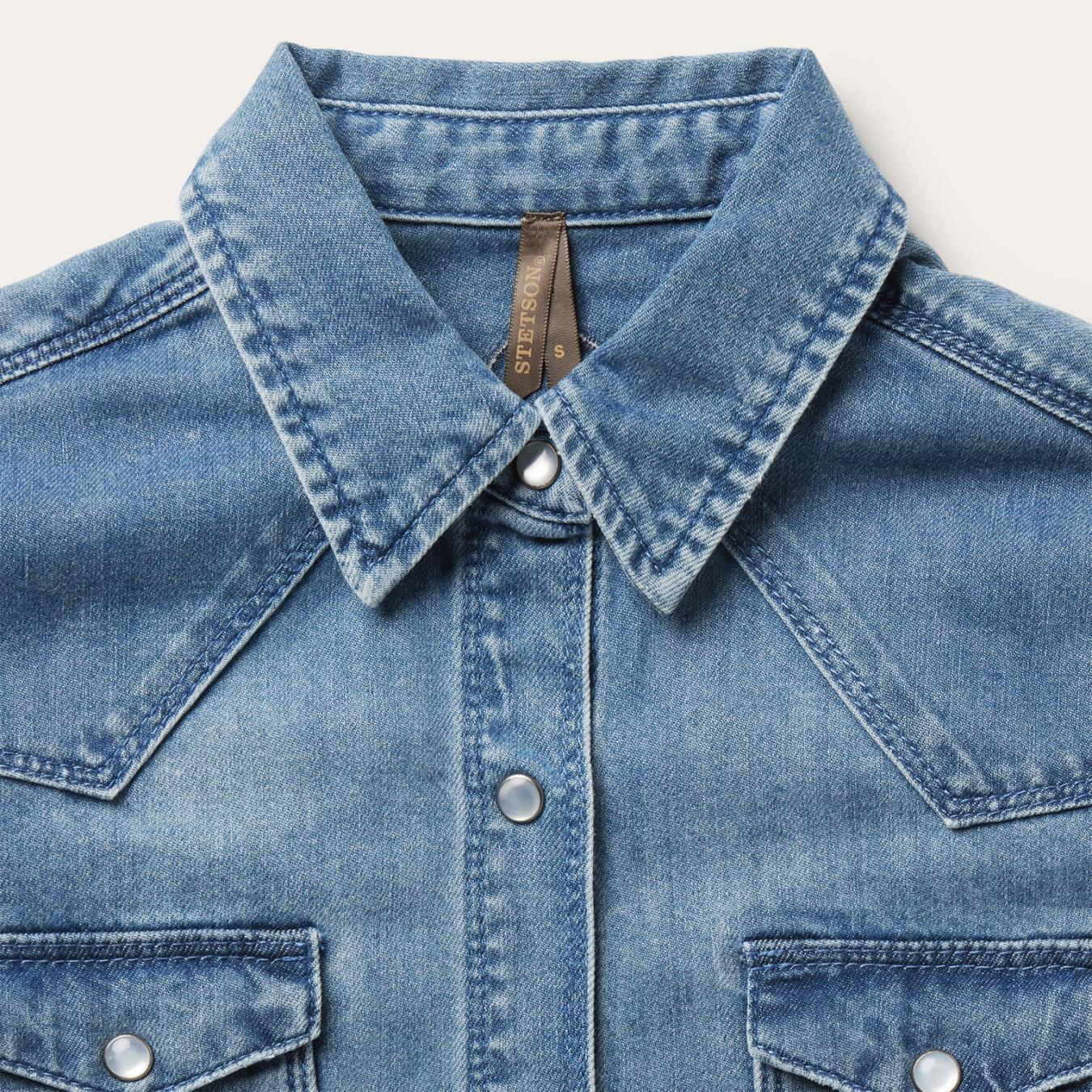 Women Denim Shirts Stetson Embroidered Boyfriend Fit Denim Shirt Blue