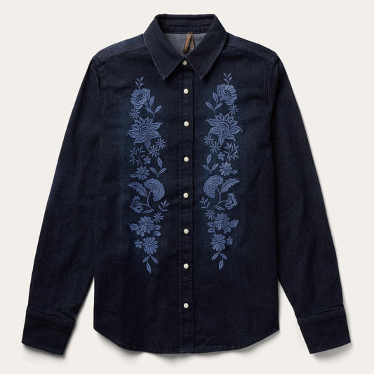 Women Denim Shirts Stetson Embroidered Dark Denim Snap Front Shirt Blue