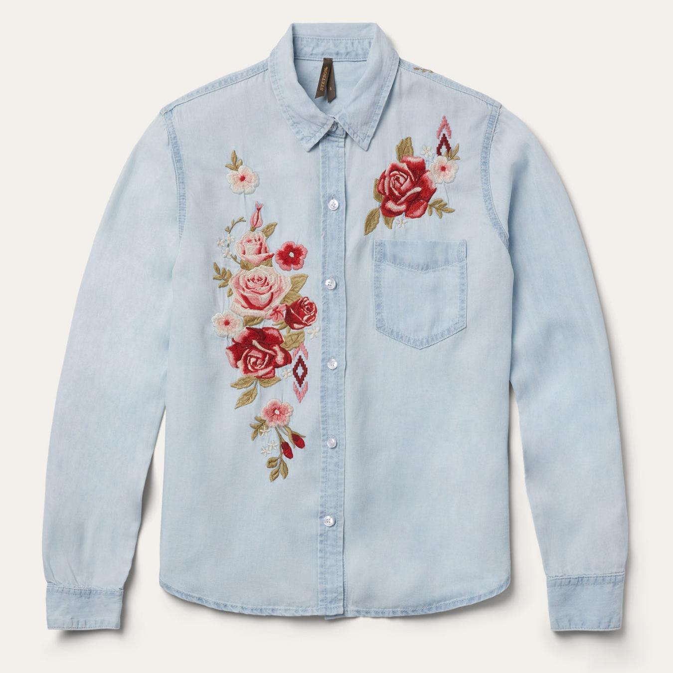Women Denim Shirts Stetson Long-Sleeved Embroidered Shirt Blue