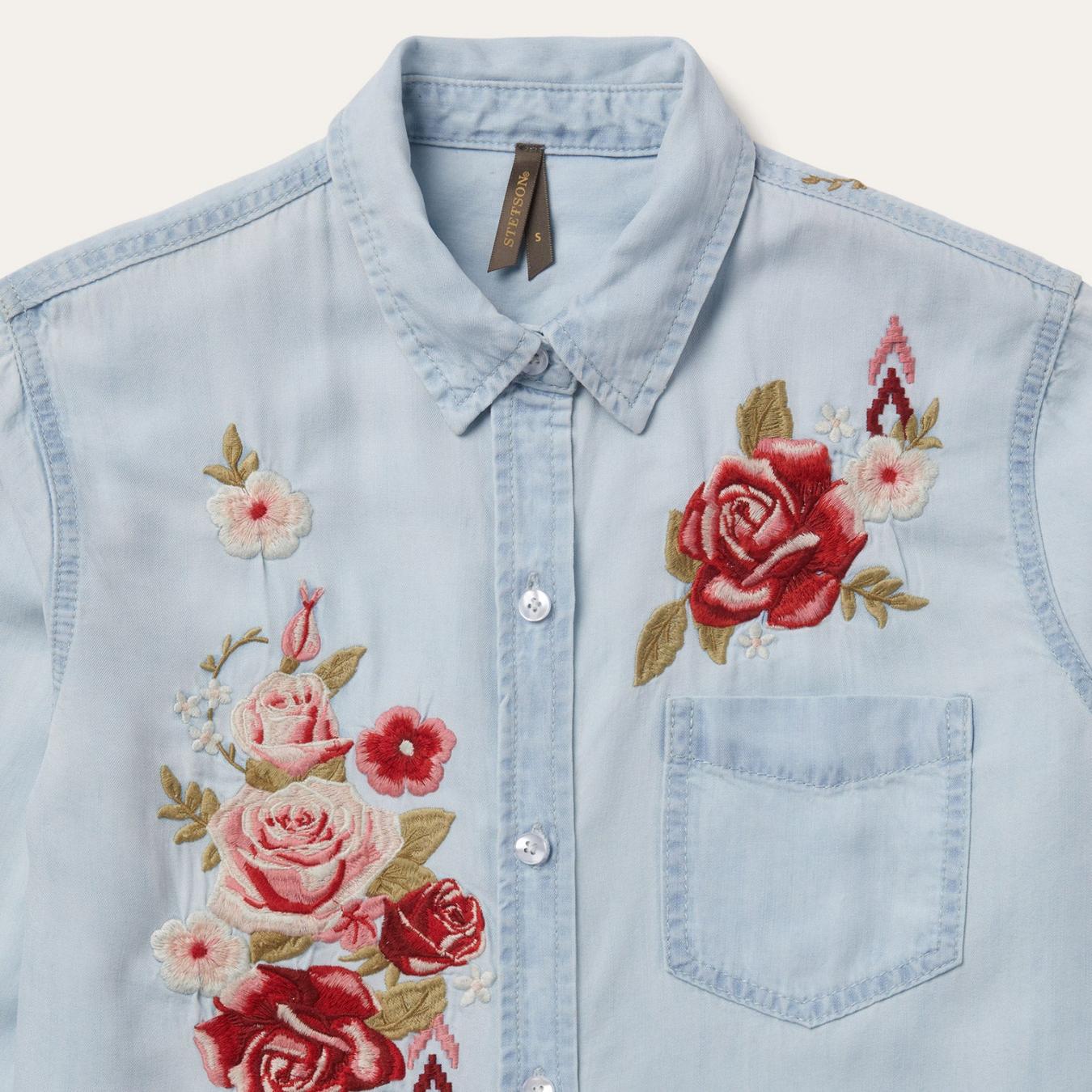 Women Denim Shirts Stetson Long-Sleeved Embroidered Shirt Blue