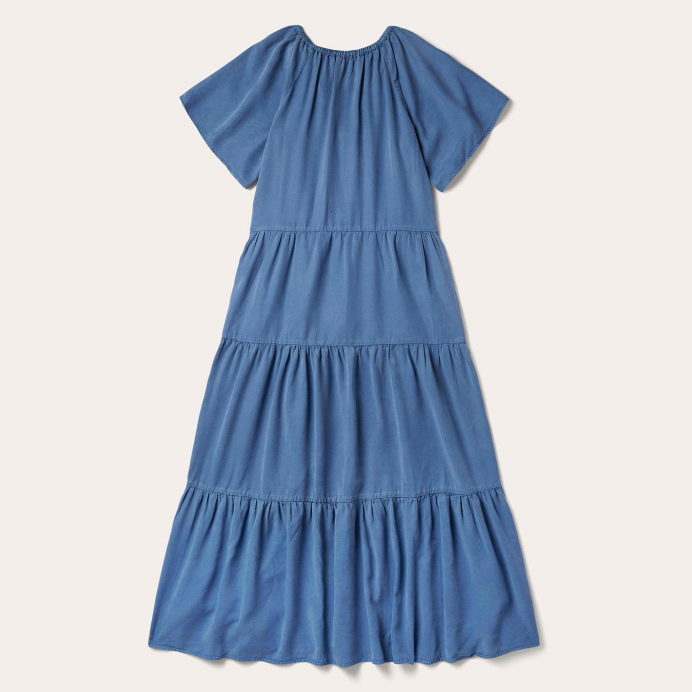 Women Midi Stetson Denim Long Three Tiered Dress Blue