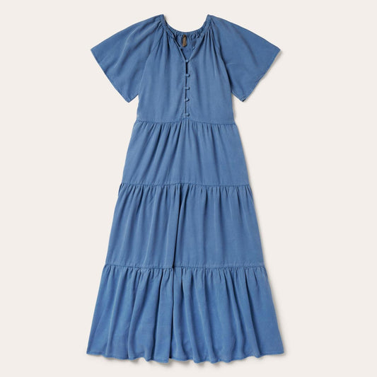 Women Midi Stetson Denim Long Three Tiered Dress Blue