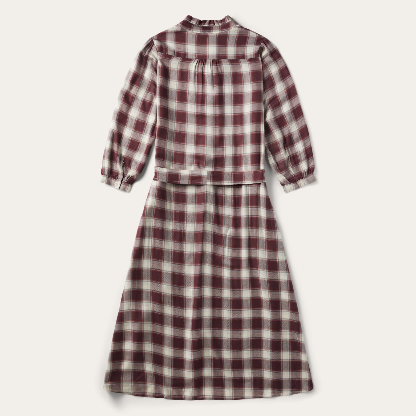 Women Midi Stetson Gaucho Plaid Prairie Shirt Dress Wine