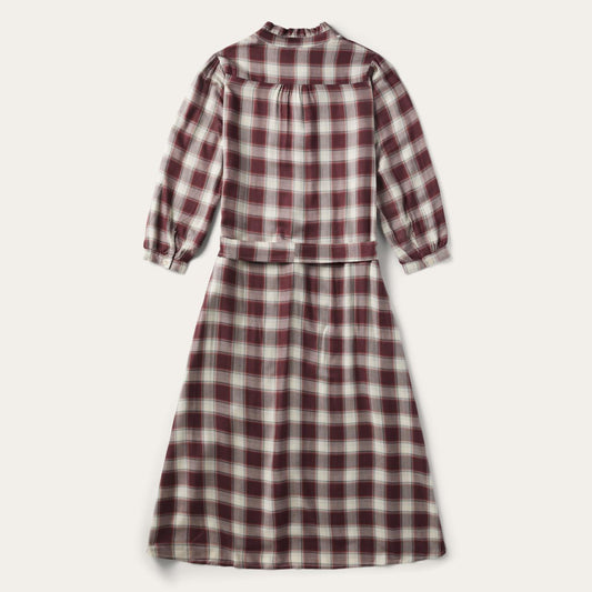 Women Midi Stetson Gaucho Plaid Prairie Shirt Dress Wine