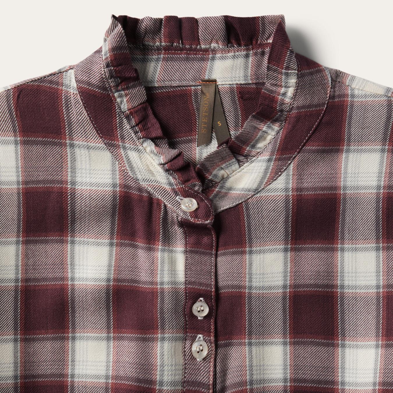 Women Midi Stetson Gaucho Plaid Prairie Shirt Dress Wine