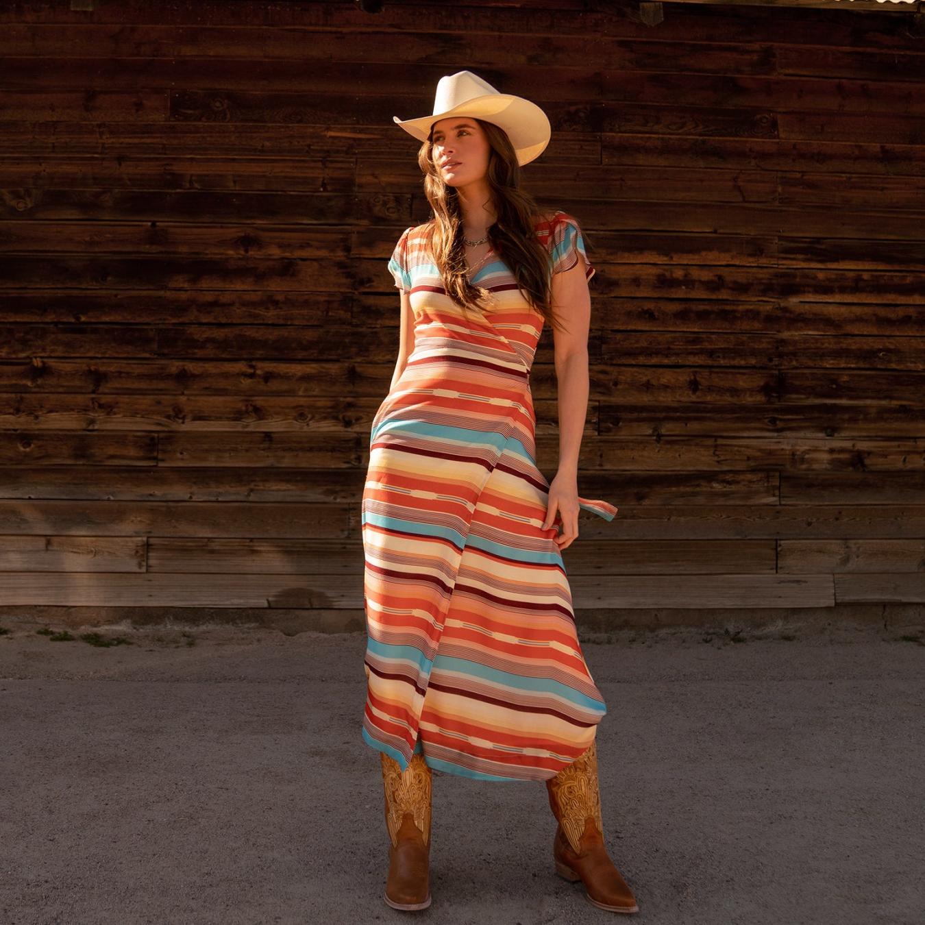 Women Midi Stetson Sunset Serape Print Rayon Herringbone Wrap Front Dress Multi