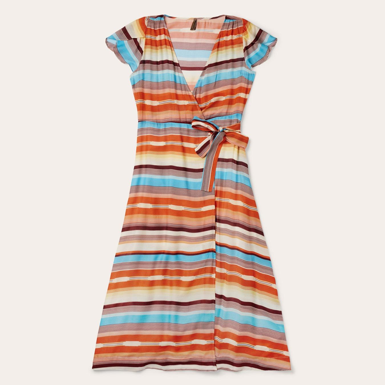Women Midi Stetson Sunset Serape Print Rayon Herringbone Wrap Front Dress Multi