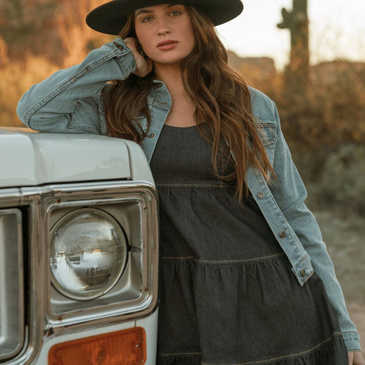 Women Mini Stetson Dark Denim Dress With Contrast Top Stitching Blue