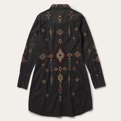 Women Mini Stetson Embroidered Black Denim Shirt Dress Black
