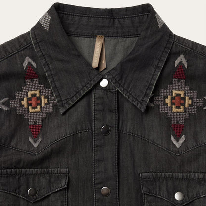 Women Mini Stetson Embroidered Black Denim Shirt Dress Black