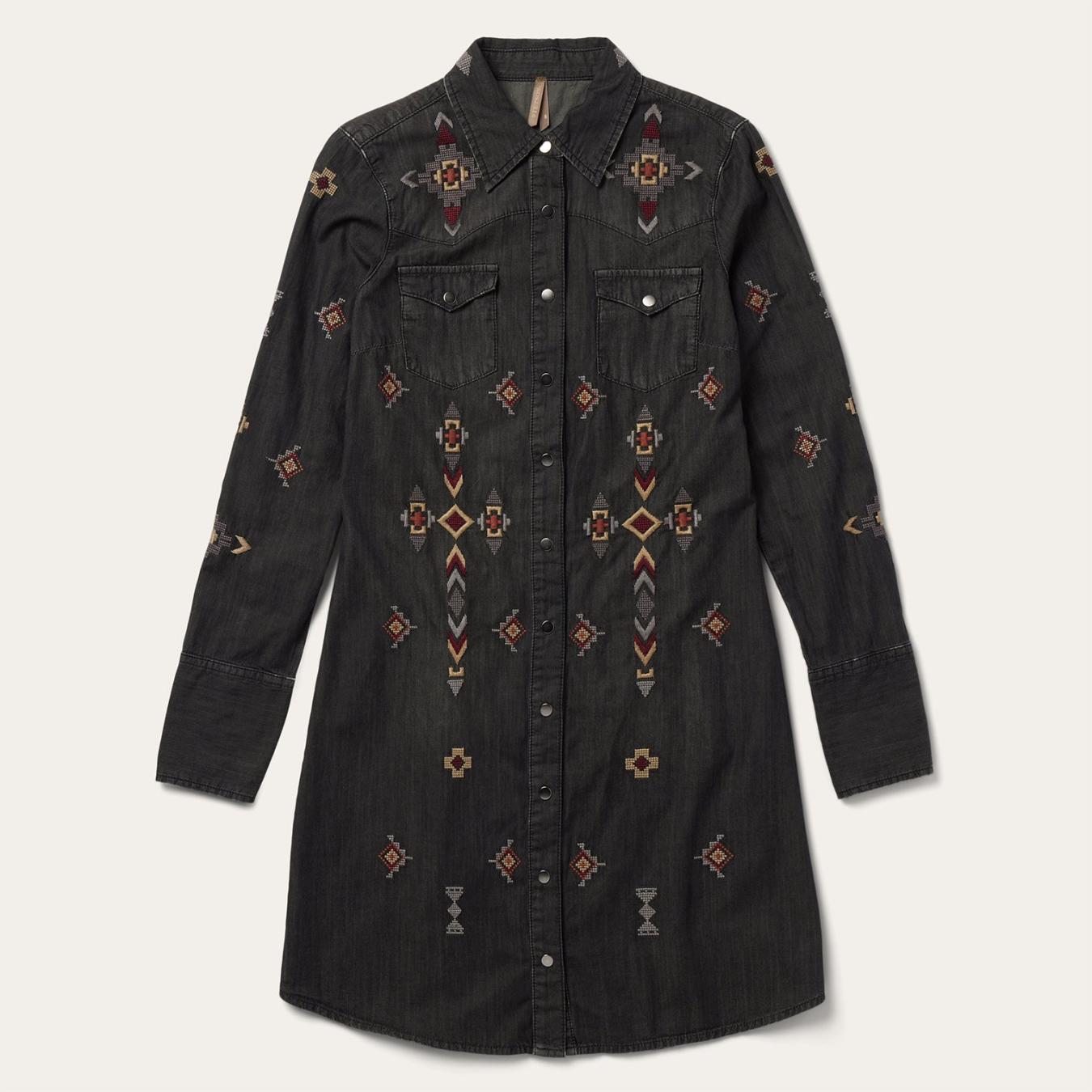 Women Mini Stetson Embroidered Black Denim Shirt Dress Black