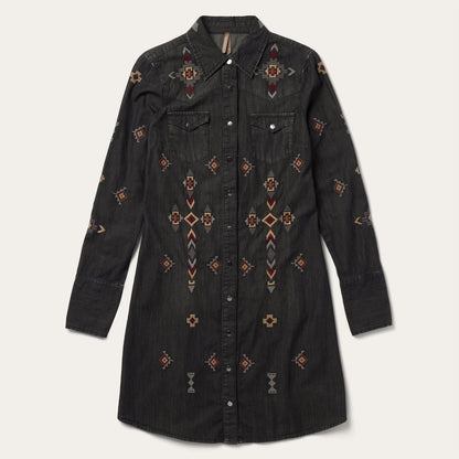 Women Mini Stetson Embroidered Black Denim Shirt Dress Black