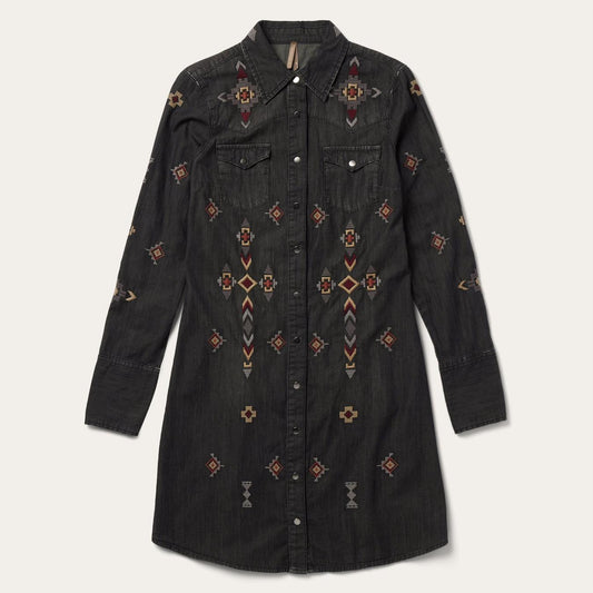 Women Mini Stetson Embroidered Black Denim Shirt Dress Black
