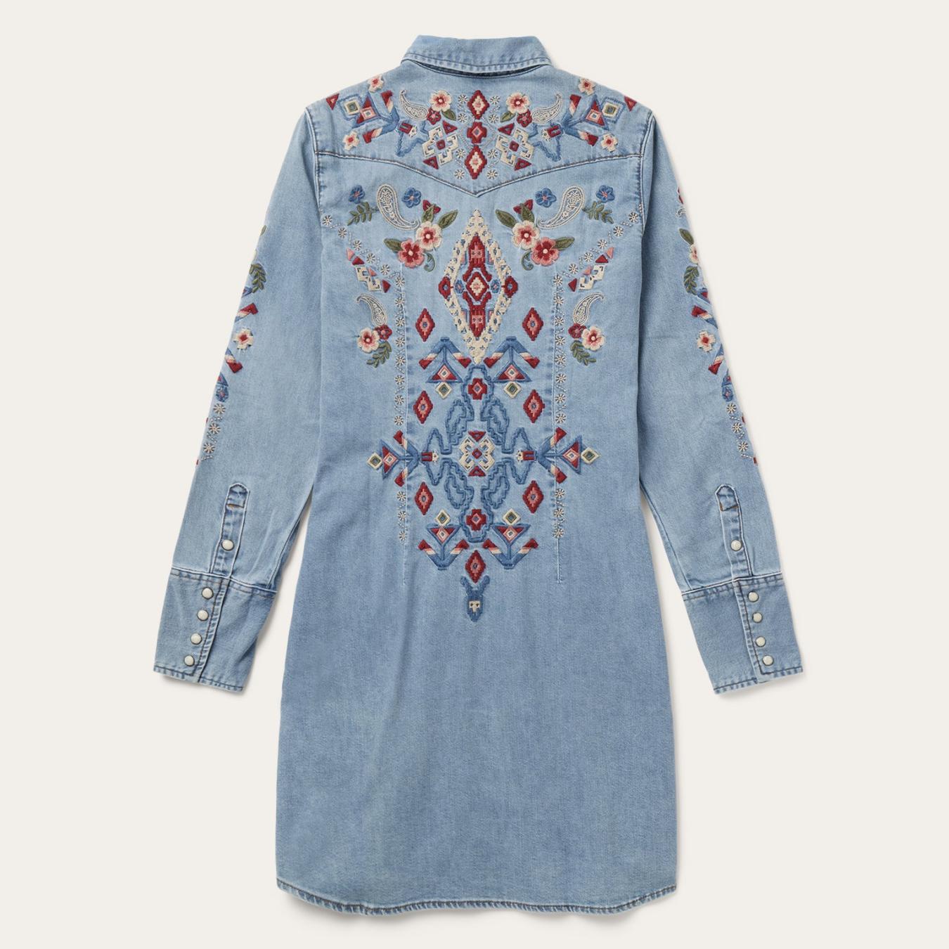Women Mini Stetson Embroidered Denim Shirt Dress Blue
