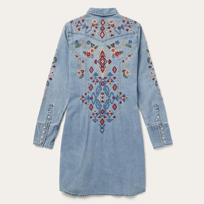 Women Mini Stetson Embroidered Denim Shirt Dress Blue