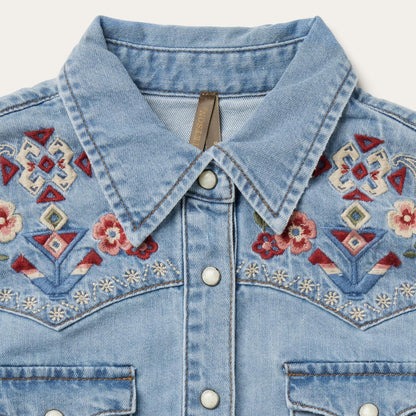 Women Mini Stetson Embroidered Denim Shirt Dress Blue