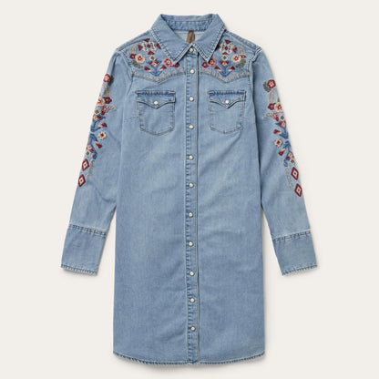 Women Mini Stetson Embroidered Denim Shirt Dress Blue