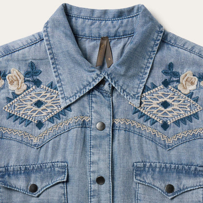 Women Mini Stetson Embroidered Denim Twill Shirt Dress Blue