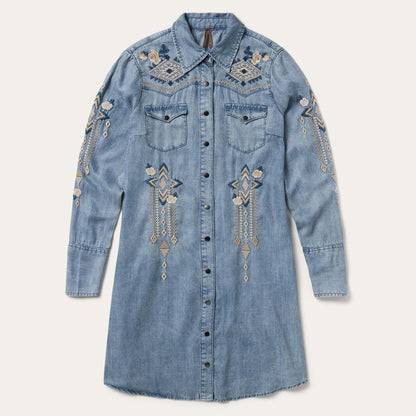 Women Mini Stetson Embroidered Denim Twill Shirt Dress Blue