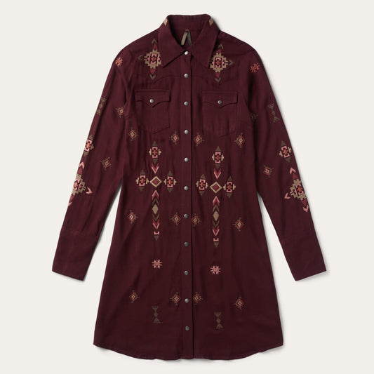 Women Mini Stetson Embroidered Shirt Dress Wine