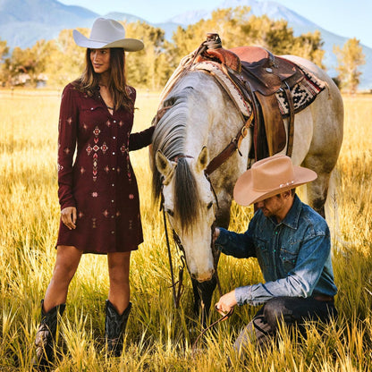 Women Mini Stetson Embroidered Shirt Dress Wine