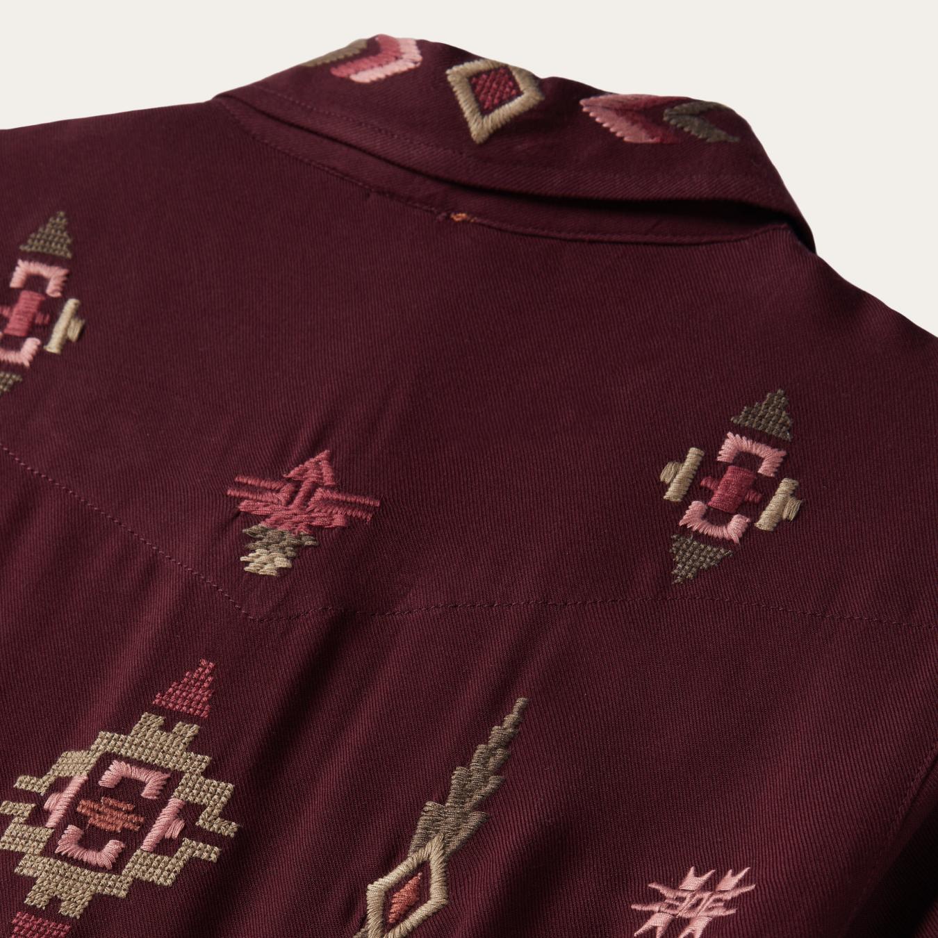 Women Mini Stetson Embroidered Shirt Dress Wine