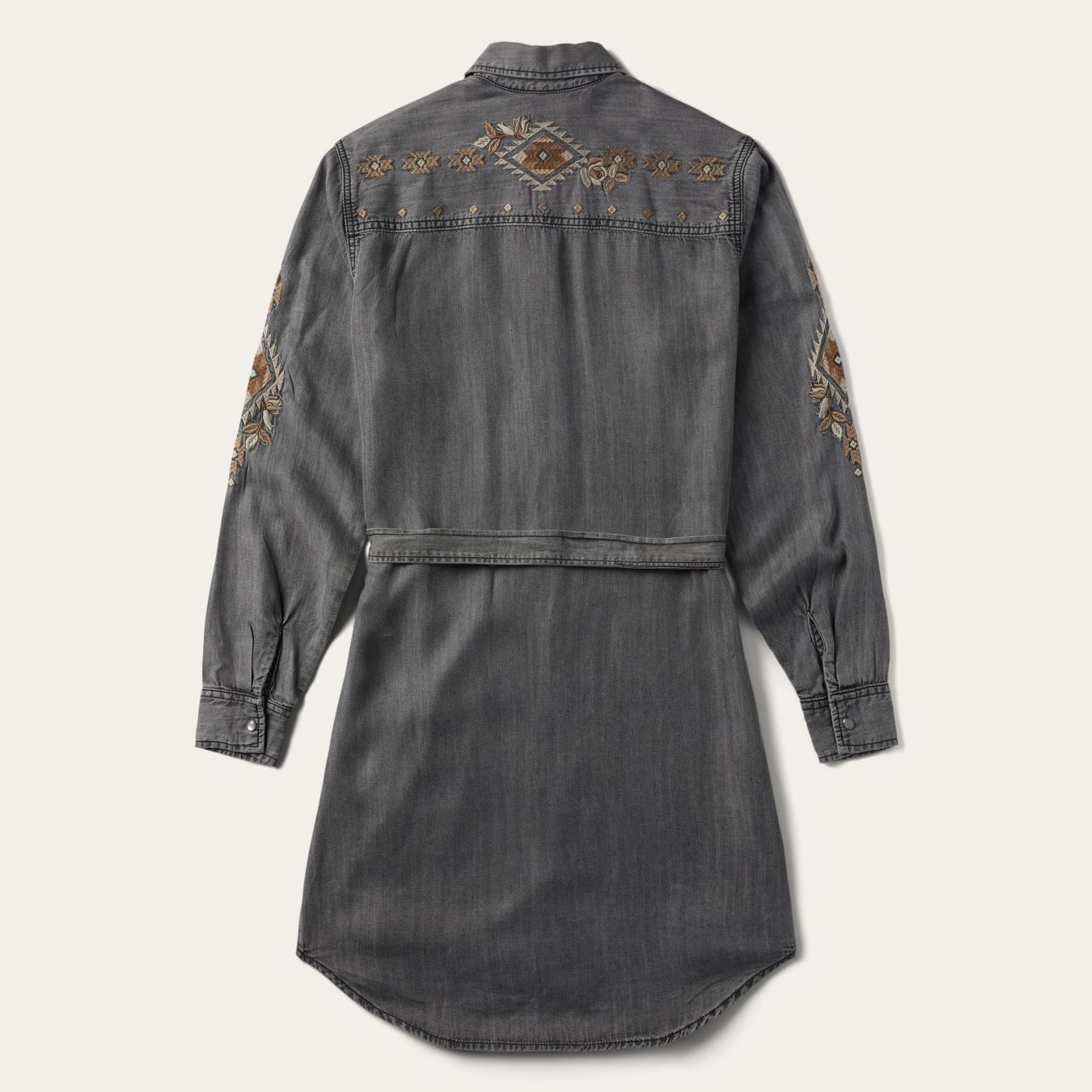Women Mini Stetson Embroidered Snap Front Shirt Dress Black
