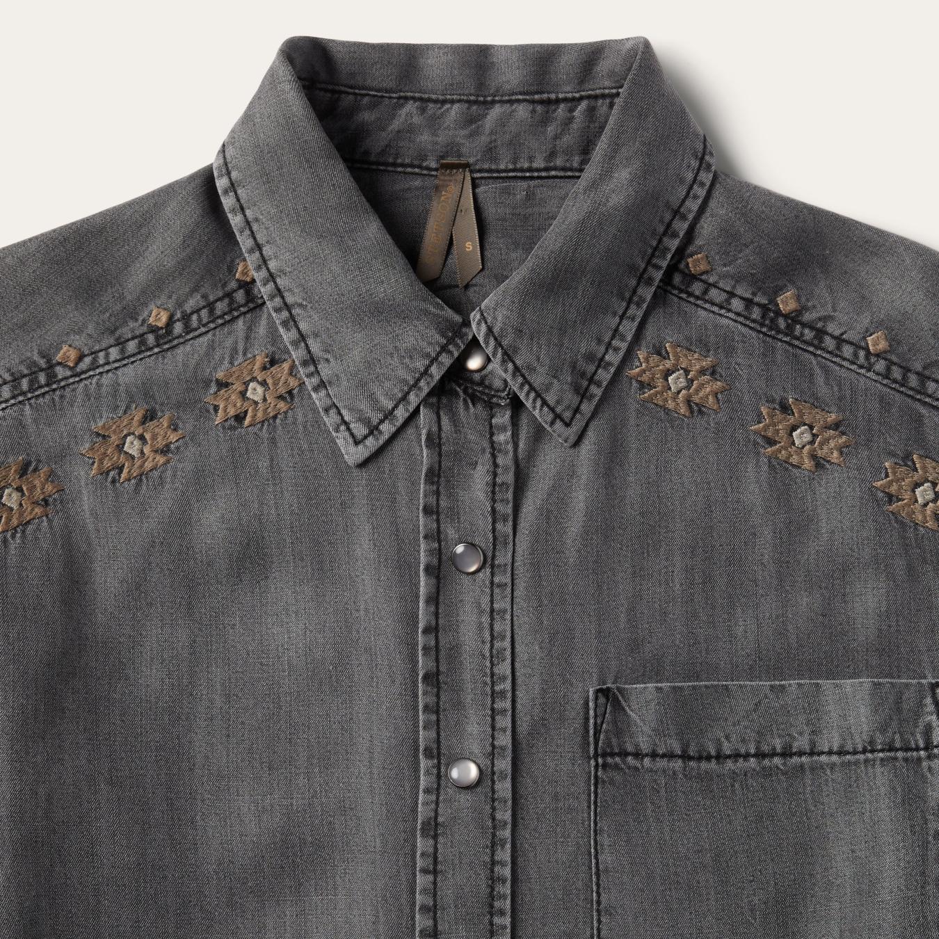 Women Mini Stetson Embroidered Snap Front Shirt Dress Black