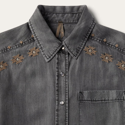Women Mini Stetson Embroidered Snap Front Shirt Dress Black