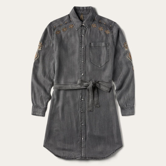Women Mini Stetson Embroidered Snap Front Shirt Dress Black