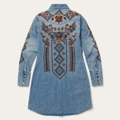 Women Mini Stetson Floral Embroidered Denim Shirt Dress Blue