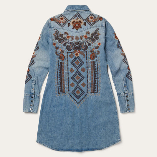 Women Mini Stetson Floral Embroidered Denim Shirt Dress Blue