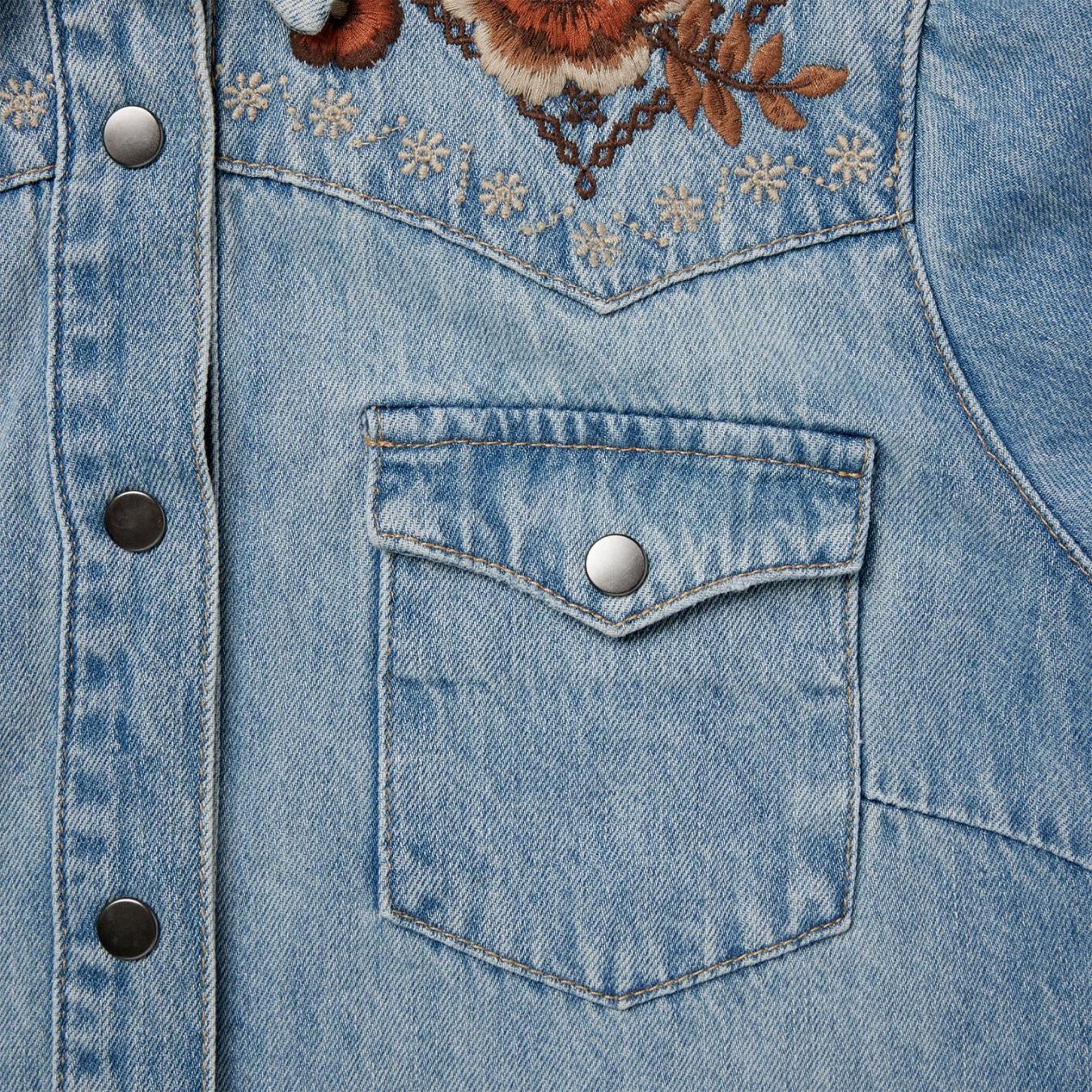 Women Mini Stetson Floral Embroidered Denim Shirt Dress Blue