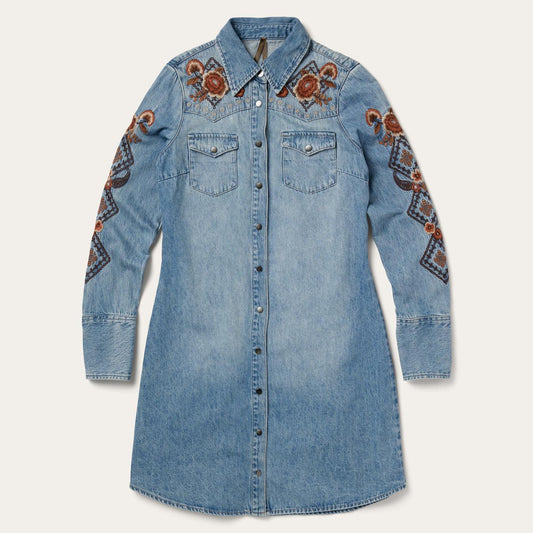 Women Mini Stetson Floral Embroidered Denim Shirt Dress Blue