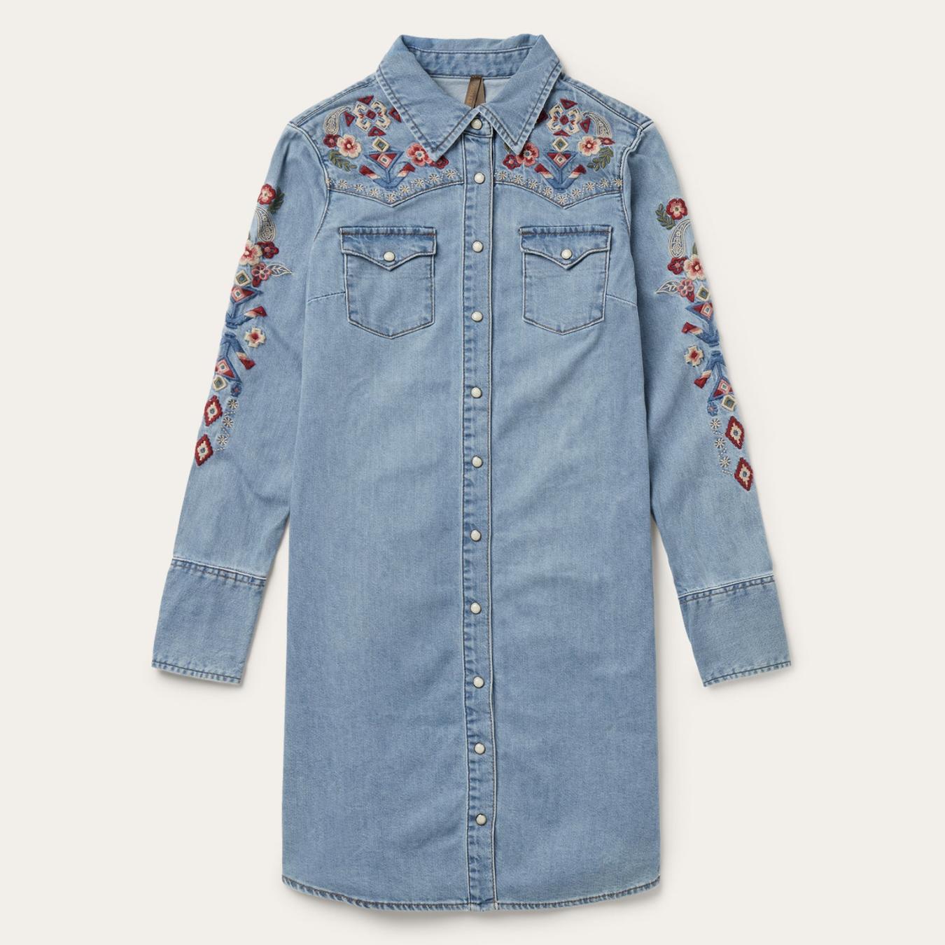 Women Shirt Dresses Stetson Embroidered Denim Shirt Dress Blue
