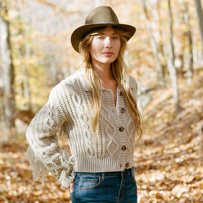 Women Sweaters Stetson Cream Fringed Cardigan Tan