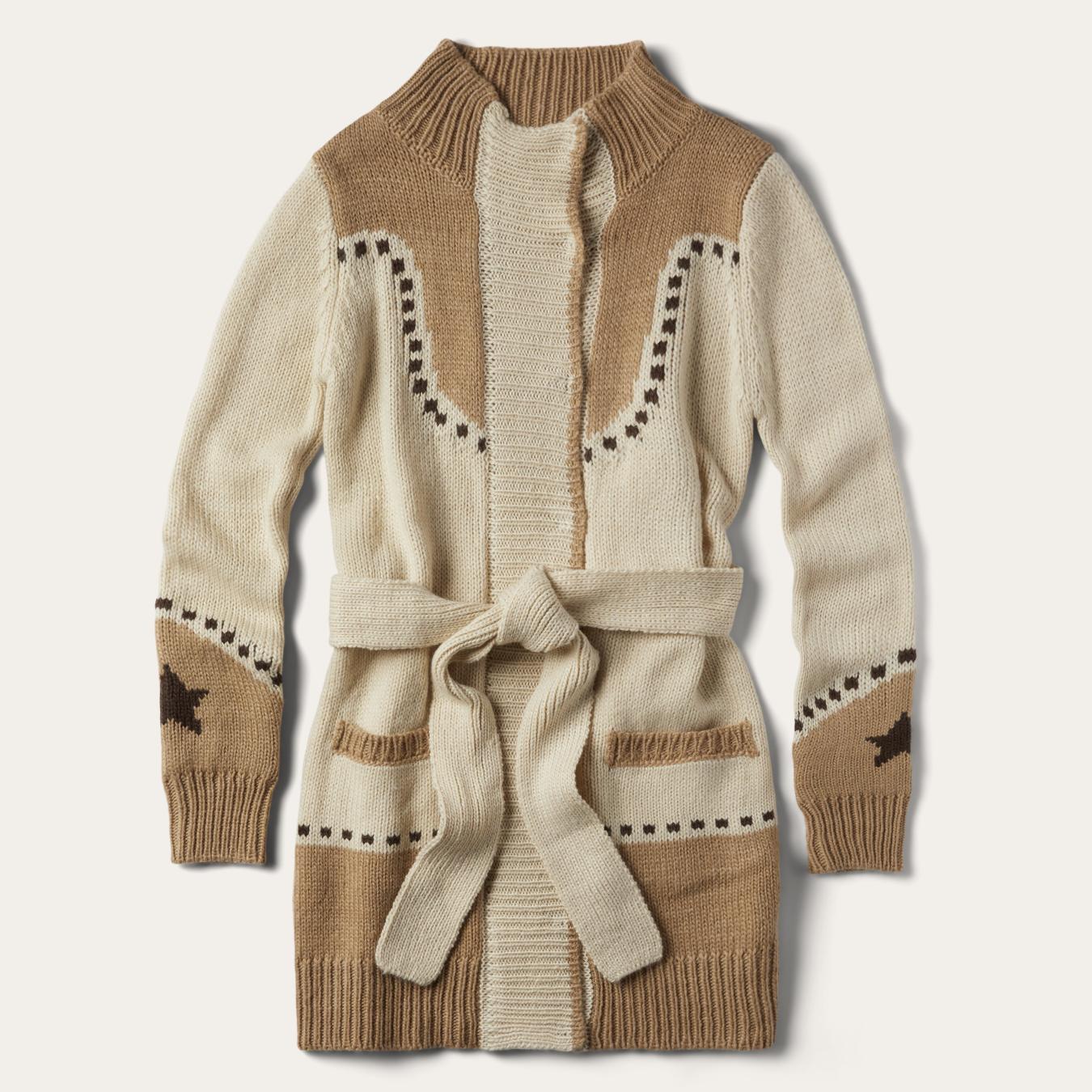 Women Sweaters Stetson Horseshoe & Star Belted Cardigan White
