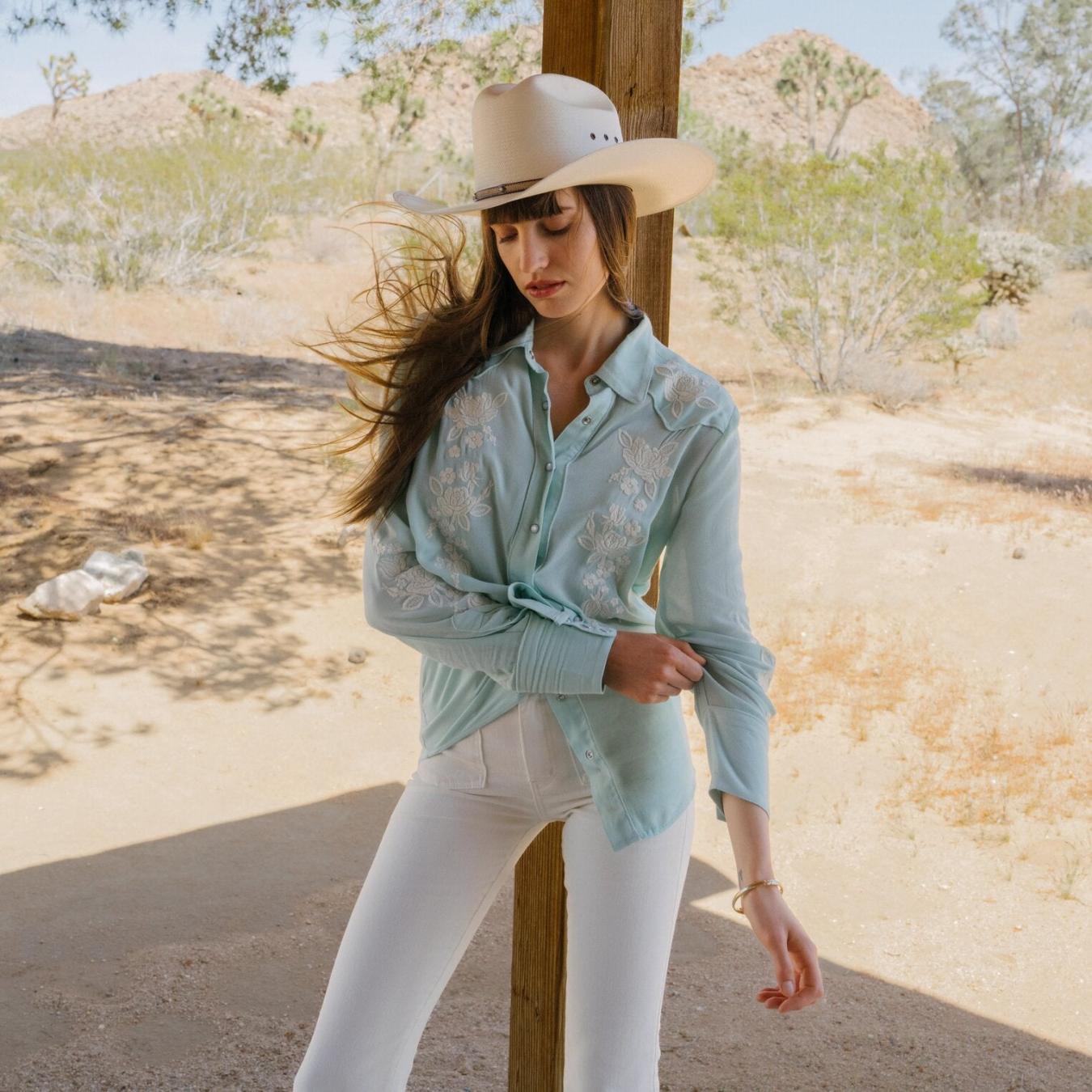 Women Western Shirts Stetson Aqua Crepe Western Shirt Blue